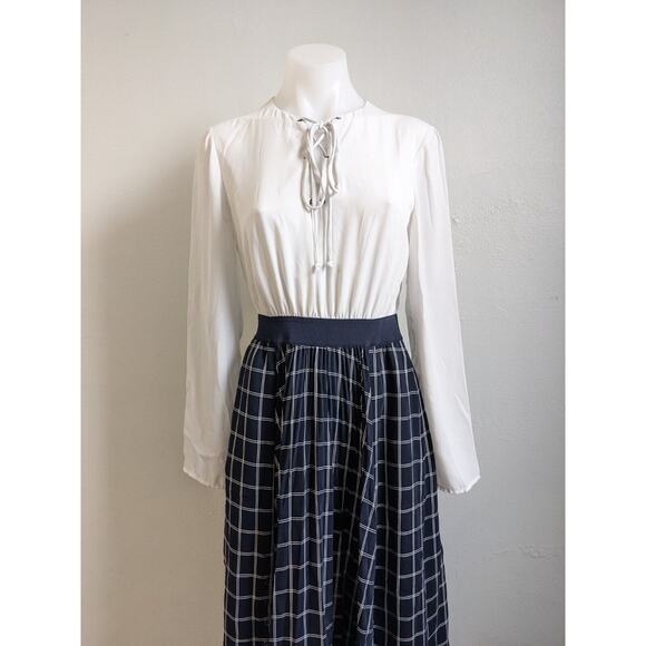 Ted Baker Size 1 US 4 Fancesa Combo Dress White Navy Blue Plaid Long Sleeves - Picture 4 of 16